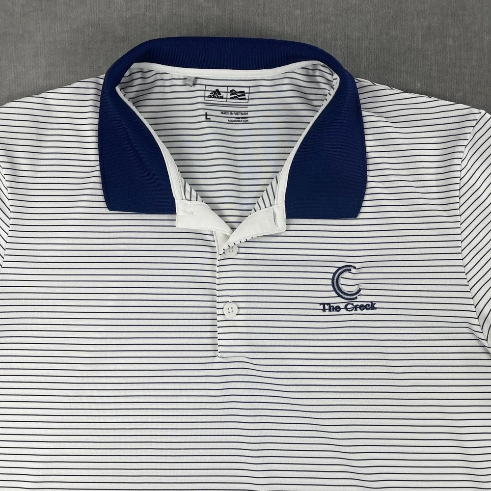 Adidas Mens Large White Striped Polo Shirt The Creek Golf Performance